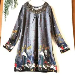 ★『M』象徴的 デザイン 長袖チュニック ワンピース ビジュ付き 猫ちゃん