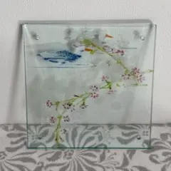 花と水鳥のガラスパネル