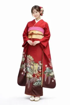 振袖フルセット6点サイズM〜Ｌ御所車花松文　暈し染め　金彩　やまと誂製　正絹