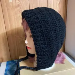 125【手編み】バラクラバ、ボンネット、クラッシャーハット、ニット帽