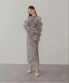 Leja フリルチュールスリーブリボンIラインワンピースドレス S タグ付き