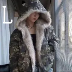 迷彩柄フード付ジャケット Ｌサイズ　Y2K ミリタリー　パーカー　キルティング