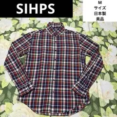 美品　SHIPS チェック柄シャツ　M 赤、ネイビー　ノーカラー