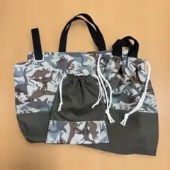 ハンドメイド　入園入学4点セット 恐竜　迷彩　アイスグリーン×カーキ 男の子