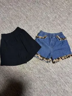 黒リブ半ズボンとファー付きデニムショートパンツセット