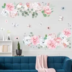 ウォールステッカー ピンク フラワー 花柄 蝶々 可愛い 賃貸 フェミニンのサムネイル