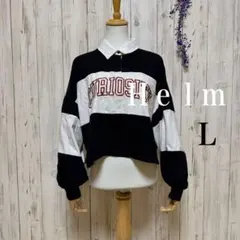 【Helm】 ヘルム クロップド丈 ポロシャツ バイカラー 刺繍 黒 白　Ｌ