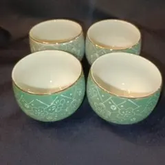 【まとめ買い得】花柄緑色湯飲み4個セット