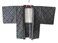 大島紬 羽織 袷 格子柄 グレー 黒 青色系 正絹