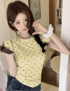 SHEIN ドット柄 半袖 Tシャツ イエロー