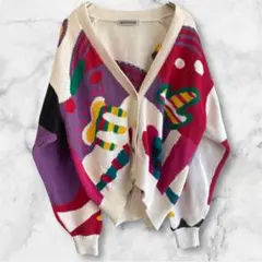 古着ヴィンテージニカーディガンレトロポップマルチカラー幾何学模様総柄カラフル白