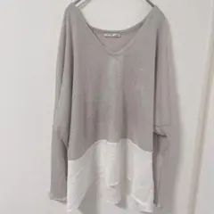 ZARA【L】異素材切り替え Vネック ニットチュニック グレー レイヤード