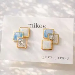 スクエア レジン ピアスイヤリング ブルー 金箔 ゴールド 春