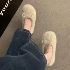 ふわふわ リボン付き スリッポン 室内外OK