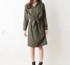 SHIPS シップス 長袖ワンピース ウエストリボン カーキ サイズ36