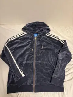 adidas アディダス　ベロアフードパーカー トラックジャケットネイビー　別珍