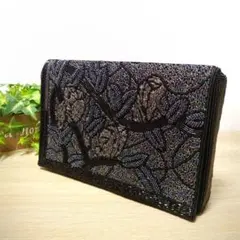 ビーズ刺繍 花柄 クラッチバッグ ショルダーバッグ ポーチ 黒