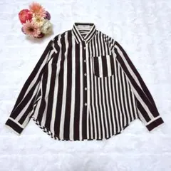 L'ECLUSE DONNA マルチストライプ長袖シャツ M ボルドー