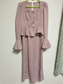 ペプラムドレス 赤白ストライプ ワンピース ロングワンピース フリルワンピース