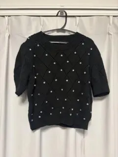 GRL 黒 半袖ニット パール付き