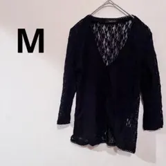 [M]ブラックレース カーディガン 7分袖 胸スナップ１つ