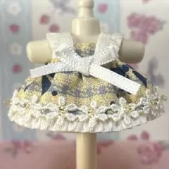 ミニチュアドール 服 168.ワンピース(黄×青 リボン チェック)