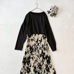 長袖ロングワンピース（4XL）花柄 大きいサイズ フレア プリーツ フェミニン