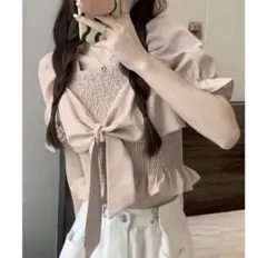 韓国ファッション 高速ターミナル リボン付きブラウス ピンク シャーリング パフ