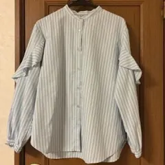 GU 水色ストライプフリル長袖シャツ
