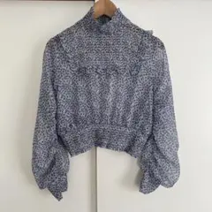 H&Mスタンドカラーフローラルブラウス全体シャーリング花柄ブルーのサムネイル