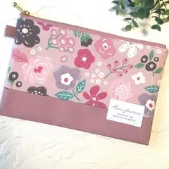 4899✿20cmフラットポーチ✿カードポケット付き✿カラフルフラワーピンクのサムネイル