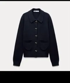 ZARA リボンボタン　襟付き　カーディガン　S　ネイビー