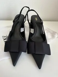 ZARA リボン付きブロックヒールスリングバックシューズ 24cm