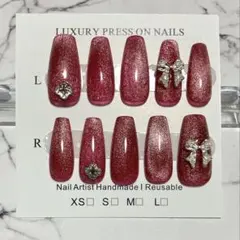 赤ラメマグネットネイル｜大人レッド｜リボンパーツ｜冬ネイル・バレンタイン