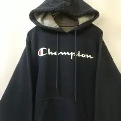チャンピオン ビッグロゴ 袖ロゴ刺繍 スウェットパーカー ネイビー S 海外古着
