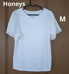 Honeys☆Mサイズ　トップス　半袖　袖フリルカットソー　美品　リブT