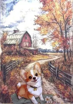 秋の風景 コーギー 絵画 ポストカード　お散歩*20