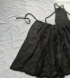 【linenオリーブグリーン】滑らか茅調荒め織り＊ギャザーたっぷりエプロンOP