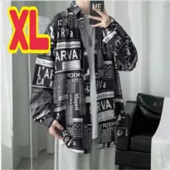 メンズ 英字 長袖 モノトーン ボタン シャツ ブラック 黒 韓国