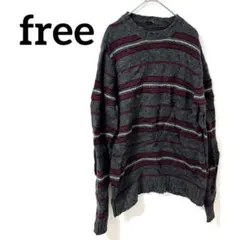 【free】ストライプニットセーターグレーボルドー ユニセックス秋冬服 ボーダー