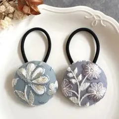 【55】 インド刺繍 くるみボタン ヘアゴム 2個セット　ブルー パープル