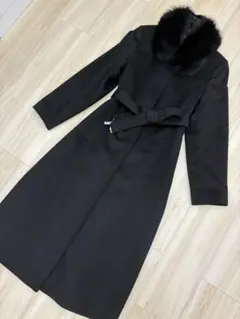 極美品 カシミヤ100%ロングファーコート115cm 黒Ｌステンカラー冠婚葬祭
