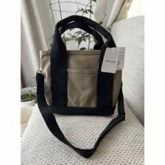 ミニトートバッグ 帆布 トートバッグ 2way 3つ仕切り ベージュxブラック