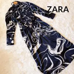 ザラ ZARA マーブルラインアート ロングワンピース シャツワンピース 総柄