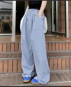ギンガムチェック ハイウエスト ワイドパンツ