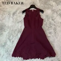 新品未使用　TED BAKER　テッドベイカー　フリルネックフレアードレス　3 良品)TED BEKE：テッドベイカー レッド フリル袖 フレア