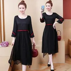 4L 新品 七分袖フレアワンピース 黒 大きいサイズ レディース ひざ丈 ロング