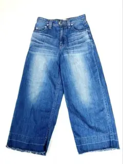 YANUK ハイライズワイドデニムパンツ　カットオフ　リネン混　洗濯可