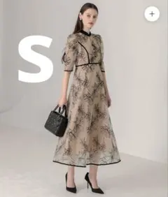 Leja パイピングハイネック花柄ラメレースワンピースドレス BEIGE