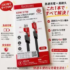 65W 4in1 USBケーブル Type-C 急速充電 データ転送